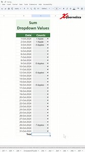 How to sum dropdown values in Google Sheets? - Excel Tips and Tricks Discover how to sum dropdown values in Google Sheets? Formula featured in my video. =SUM(ARRAYFORMULA(IF(LEN(C5:C35) > 0, SPLIT(C5:C35, " "),))) & " Apples" This formula sums the numeric values from the content of cells in the range C5:C35 after splitting each cell by spaces. It first checks if each cell is non-empty using IF(LEN(C5:C35) > 0, ...). For non-empty cells, SPLIT breaks the content into parts where spaces occur, and