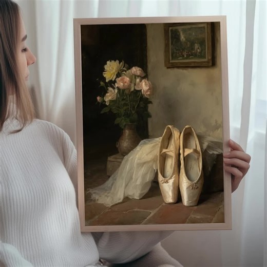 Ballet Shoes Still Life Print: Vintage Ballerina Wall Art with Flowers (Digital Download)