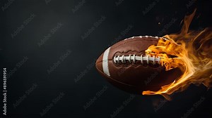 American football ball on fire flying, sports concept, black background.