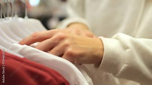 Girl in a clothing store.A woman chooses a T-shirt in a store, sale, new collection.Girl on shopping.Close-up of female hands choosing a T-shirt in a store.Shopping concept