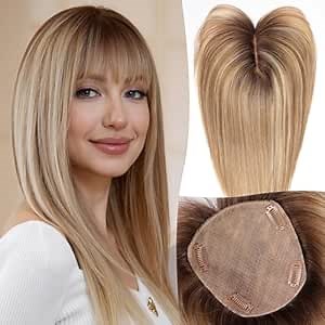 5.5"×5" Human Hair Toppers 12 inches for Women,100% Remy Human Hair with 4 Non-slip Clips and Large-area Simulation Scalp Base,Top Hairpieces for Women with Thin Hair(Ombre Mixed Blonde)