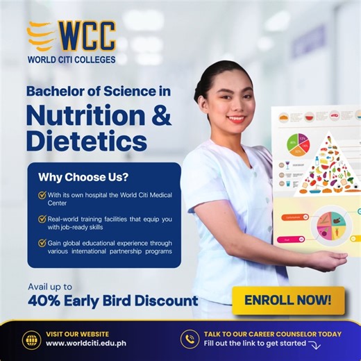 Discover a fulfilling career path with a degree in 𝗕𝗦 𝗡𝘂𝘁𝗿𝗶𝘁𝗶𝗼𝗻 𝗮𝗻𝗱 𝗗𝗶𝗲𝘁𝗲𝘁𝗶𝗰𝘀 🥗 World Citi Colleges provides you with a comprehensive curriculum and global standard facilities to help you gain the knowledge and skills for success as a nutritionist and dietitian. Learn from experienced faculty and get equipped in key areas like hospital dietetics, public health nutrition, food service management and sports nutrition. Reserve your slot now and avail up to 40% early bird dis