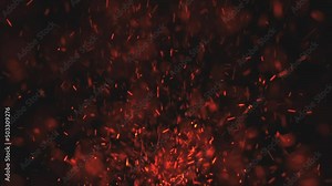 Burning red hot sparks and embers fire background animation. Fiery glowing red sparks exploding upwards. Full HD hot fire particles motion background.
