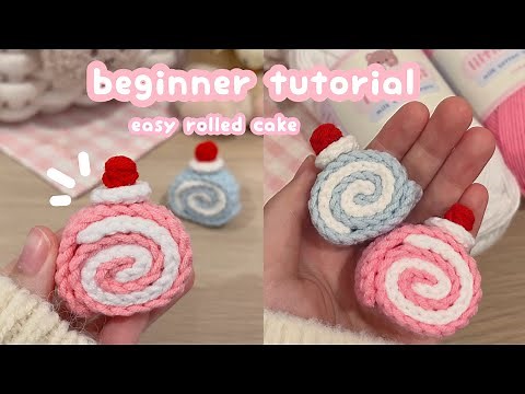 crochet mini rolled cake beginner tutorial | how to crochet for beginner, easy crochet keychain