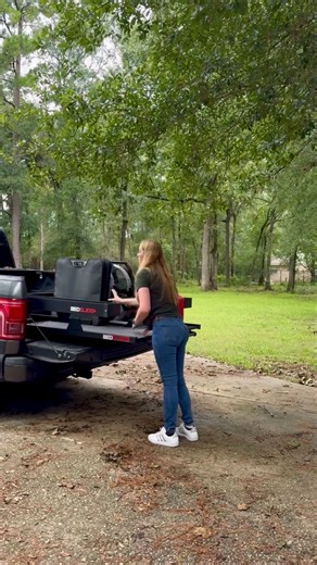 Truck bed Tetris- level expert! Love using the @bedslide on my truck to make packing things so much easier! Rather than struggle to load things up, you can pull the slide out and maximize space and save some heavy lifting too! Hurricane Beryl left my parents sans power for way too long, so we brought over some backup power and cooling essentials! Love the @geneversepower solar Generator and the @egopowerplus fans come in clutch! Since we snagging our gas generator too- extra gas cans were needed