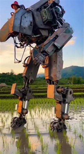 A realistic farming exoskeleton robot walking through a rice field #TechnoTractors #FarmTech