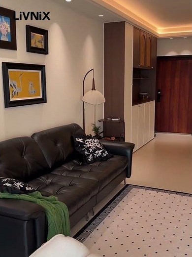 Black Leather Sofa in Living, Dining & Bedroom | Mid-Century Modern Home by LiVNiX