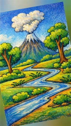 Simple Nature Scenery Drawing 🎨 | Easy for Kids #trending #reels #art #viral #love #nature