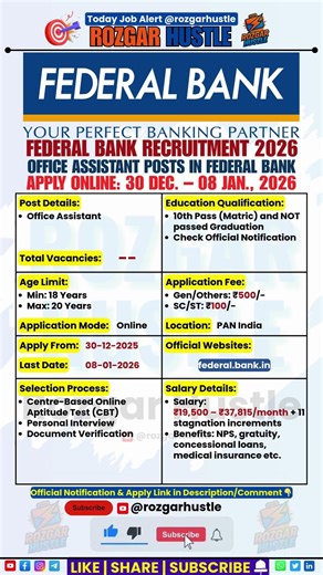 Federal Bank Office Assistant Recruitment 2026 – Apply Online #shorts #BankJobs #govtjobs #jobalert