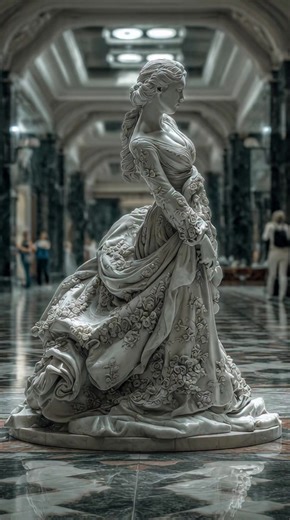 create a video: A creepy porcelain statue of a woman. A real woman bursts out of it and runs away. It is inside of a museum with people looking at it when it happened. Ultra HD HDR | Lon Naylor