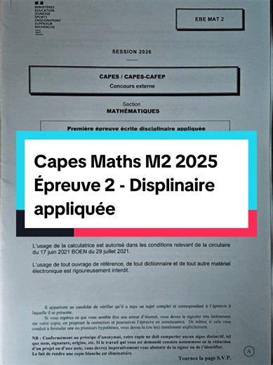 Concours externe du Capes (version Master 2) de Maths - Épreuve disciplinaire appliquée tombée le 13/03/26. #capes #cafep
