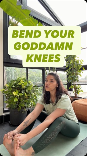 Samiksha Shetty on Instagram: "Tight hamstrings? Stiff lower back? Bend your goddamn knees. 🦵 A soft bend protects your back, helps you hinge from the hips, and actually gets you a deeper forward fold. Flexibility grows with patience, not force. 💫 Forward bends are for introspection, nervous system resets, full-body stretches but not for your ego. Your yoga, your rules. 🙏🏼"
