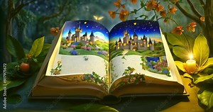 Fairy Tale Castle & Enchanted Book. Open Book Reveals a Magical Castle: Fairytale Scene with a Glowing Castle, Starry Night, and Whimsical Landscapes.