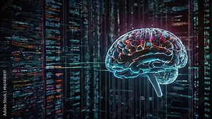 Brain-Computer Interface Technology. A holographic brain scan on a screen surrounded by data visualizations symbolizes the development of brain-computer interface technology. Ai Generative.