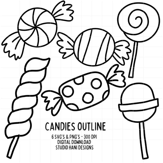 Candies SVG PNG Bundle Doodle Black and White Outline Clipart Lollipop Candytreats Cut File Silhouette Commercial Use Digital Download - Etsy