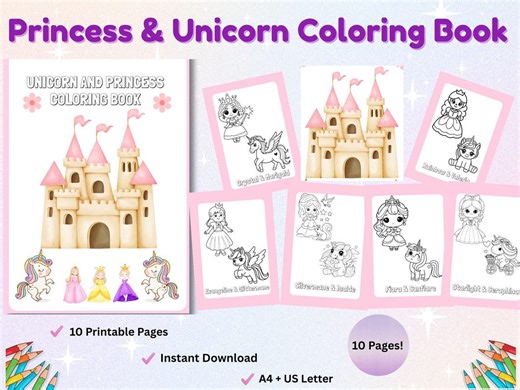 Princess & Unicorn Coloring Book - 10 Printable Pages - Instant Download PDF - A4 + US Letter - Etsy UK
