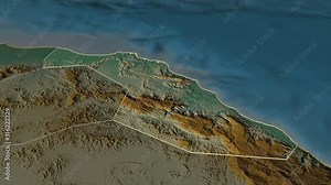 Muscat, province with its capital, zoomed and extruded on the relief map of Oman in the conformal Stereographic projection. Animation 3D