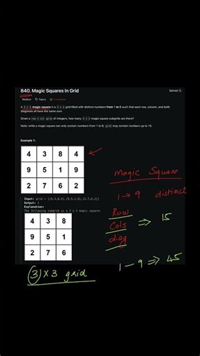 LeetCode 840: Magic Squares In Grid | Matrix Traversal #leetcode #codeprep #codinginterview