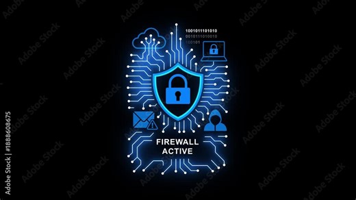 Cybersecurity concept with shield and lock on circuit board background with F I R E W A L A C T I V E text