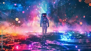 An astronaut standing on an alien planet, under a stunning colorful sky