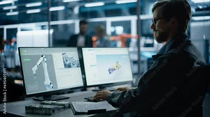 Caucasian Male Assembly Line Operator Controlling Autonomous Conveyor With Robotic Arms At Modern Electric Engine Factory. Man Using Desktop Computer To Adjust Automated Production System.