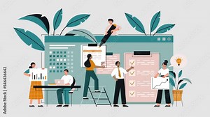 Group of business people. Team of moving office workers and leaders develop strategy to achieve success and increase company profits. Time management and task completion. Flat graphic animated cartoon