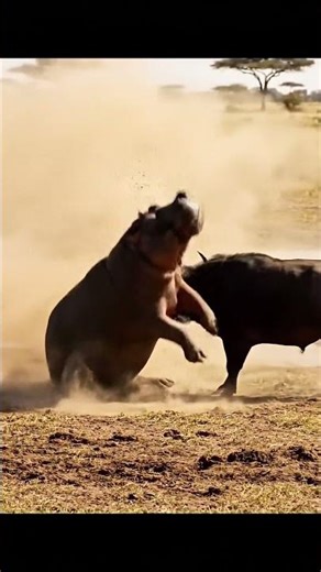 Buffalo Knocks Down a Hippo 😱🦬🦛