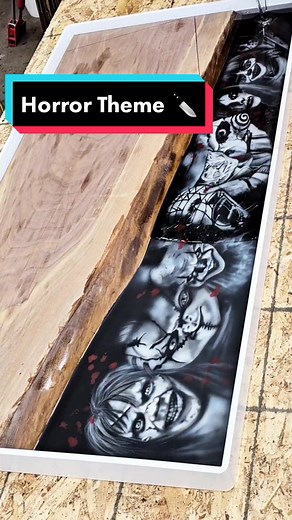 Horror Theme Coffee Table - Dark Walnut and Resin Artwork