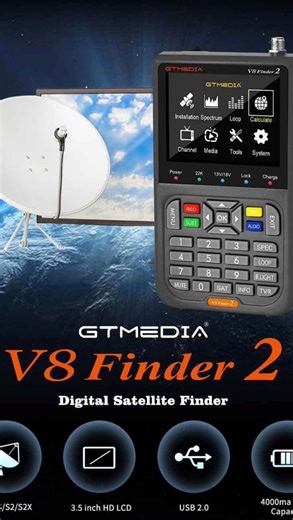 BEIRUT ONLINE SHOPPING on Instagram: "📡 GT Media V8 Finder 2 — Full Specifications & Features Model: V8 Finder 2 Display: 3.5-inch HD LCD (#320×240 px TFT) ￼ Battery: 3.7 V / 5000 mAh Li-Ion (≈5 hours runtime) ￼ Charging: USB-C port with multi-protocol fast charging (up to ~18 W), reverse charging supported ￼ Dimensions: ~95 × 155 × 45 mm ￼ Weight: ~320 g ￼ Tuner & Signal Support: • Compatible with DVB-S/S2/S2X ￼ • MPEG-2 / MPEG-4 video decoding & H.264 (8 bit) hardware decoding ￼ • Supports BI