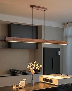 45" Wood Linear Pendant Light, Dimmable Kitchen Island Lighting with Remote, 30W LED Island Lights for Kitchen, Adjustable Linear Chandelier for Dinning Room Light Fixture, Bar, Pool Table - Walnut