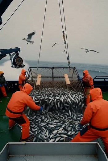 A stormy commercial fishing boat at sea during daytime. POV camera angle from the deck as fishermen in orange rain gear unload a massive net filled with silver fish. Hundreds of fish spill across the wet, green deck, flapping and sliding with chaotic movement. Rough ocean waves and gray overcast sky in the background. Seagulls circling overhead. Cold, harsh atmosphere with water splashing and fast-paced action. Realistic cinematic style, high-detail textures, natural motion, documentary feel. | 