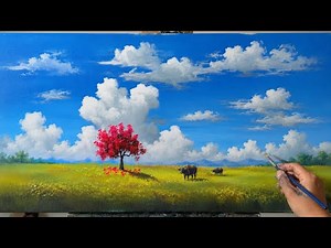 How to Paint a Red Tree in a Peaceful Meadow | Easy Acrylic Landscape Painting Tutorial