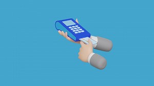 Download 3d payment machine or pos terminal with businessman hand holding credit card, electronic bill payment, invoice or paper check receipt isolated on blue background. 3d render illustration for free