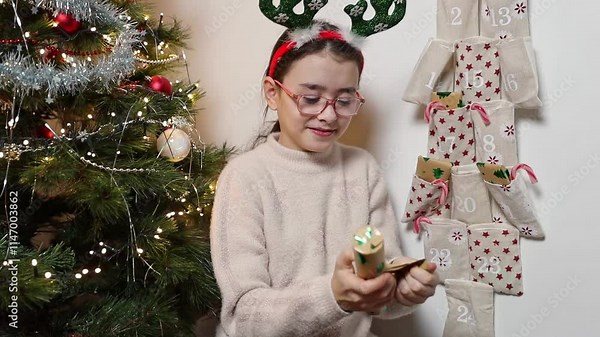 One girl unpacks a Christmas surprise gift from an advent calendar.