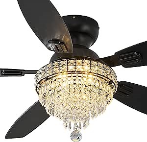 Crystal Ceiling Fan Fandelier with Lights-Ceiling Fans,50" Low Profile and Remote Control, Flush Mount, Reversible, Dimmable, Noiseless, Black Ceiling Fan for Bedroom