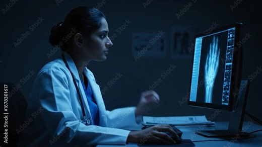 Female Doctor Analyzing X-ray Scans on Computer Screen in Dark Hospital Room at Night.
