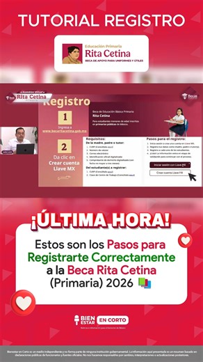 🚨📚 ¡ATENCIÓN MAMÁS, PAPÁS Y TUTORES! 📚🚨 Estos son los pasos para registrarte a la Beca Rita Cetina 2026 – Educación Primaria 🎒✨ Si tu hija o hijo está en primaria pública, sigue este proceso 👇 1️⃣ Ingresa a la página oficial: www.becaritacetina.gob.mx 2️⃣ Inicia sesión con tu cuenta Llave MX (si no la tienes, créala). 3️⃣ Captura los datos del padre, madre o tutor. 4️⃣ Registra los datos del estudiante (verifica que estén correctos en el SIGED). 5️⃣ Sube tus documentos digitalizados (PDF o