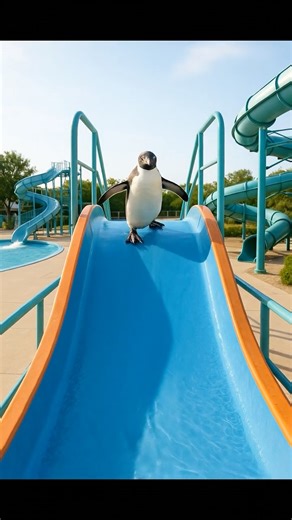 Will This Penguin Slide Down the Water Park Slide? 🐧💦 Funny Animal Moments & Cute Reactions