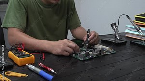 Technician carefully repairs a computer circuit board, using precision tools to address hardware issues. technical expertise needed for troubleshooting and upgrading electronic systems in workspace.