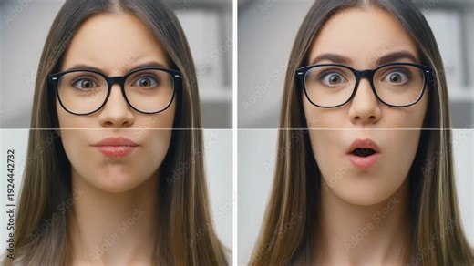 Woman showing shocked and screaming facial expressions in office setting with glasses