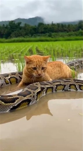 Brave Cat vs. Giant Python: A Terrifying Standoff in the Fields! 😱🐍