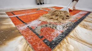 Heavy mud lifted from a patterned rug
