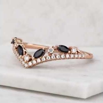 Chevron Ring Black Marquise & Round Moissanite V Shape Wedding Band