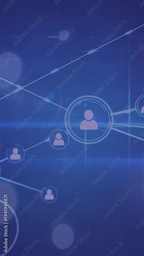 Vertical video: Central user node pulsing, emitting rings sending lines linking nodes for tech net