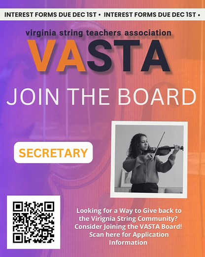  VASTA is looking for our next Secretary! Want to get more involved and make a difference in your state string community? Here’s your chance! The commitment is about 2 hours a month but will make a huge impact for our organization! Learn more and Apply here: https://forms.gle/iKZJgxSaT37SaYRP6 Application Deadline December 1st. Have questions - drop them in the comments below. #VASTA #ASTA #StringTeachers #GetInvolved | VASTA Virginia String Teachers Association | Facebook