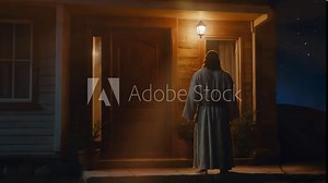 Jesus standing in front of the house, christian background, motion loop