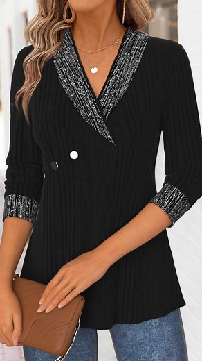 ✨ Elevate Your Style with Our Black Ribbed Blouse! ✨Shimmery metallic lapel & cuff trim, double buttons, ribbed texture for chic design. Soft stretchy fabric for all-day comfort. Perfect for business, brunch, or nights out—style with jeans/skirt. | Modlily