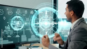 Animated male engineer conducts a video conference, presenting engineering solutions to a global team.