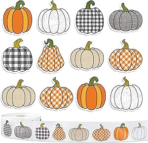 Whaline 1000Pcs Fall Thanksgiving Pumpkin Stickers Roll Pumpkin Shaped Decals Colorful Buffalo Plaid Pumpkin Pattern Self-Adhesive Sticker Autumn Sealing Labels for Fall Harvest Party Supply, 8 Design