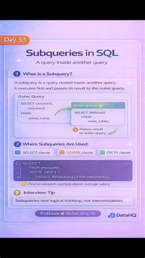 DataHQ on Instagram: "Day 33 – SQL Basics: Subqueries A subquery is a query written inside another query. It allows SQL to: Break complex problems into steps Use results of one query inside another Answer questions that can’t be solved in a single SELECT Where subqueries are used In SELECT In WHERE In FROM Common use cases Filtering using calculated values Finding highest / lowest values Comparing against aggregated results Example idea: 👉 Find employees earning more than the average salary. In